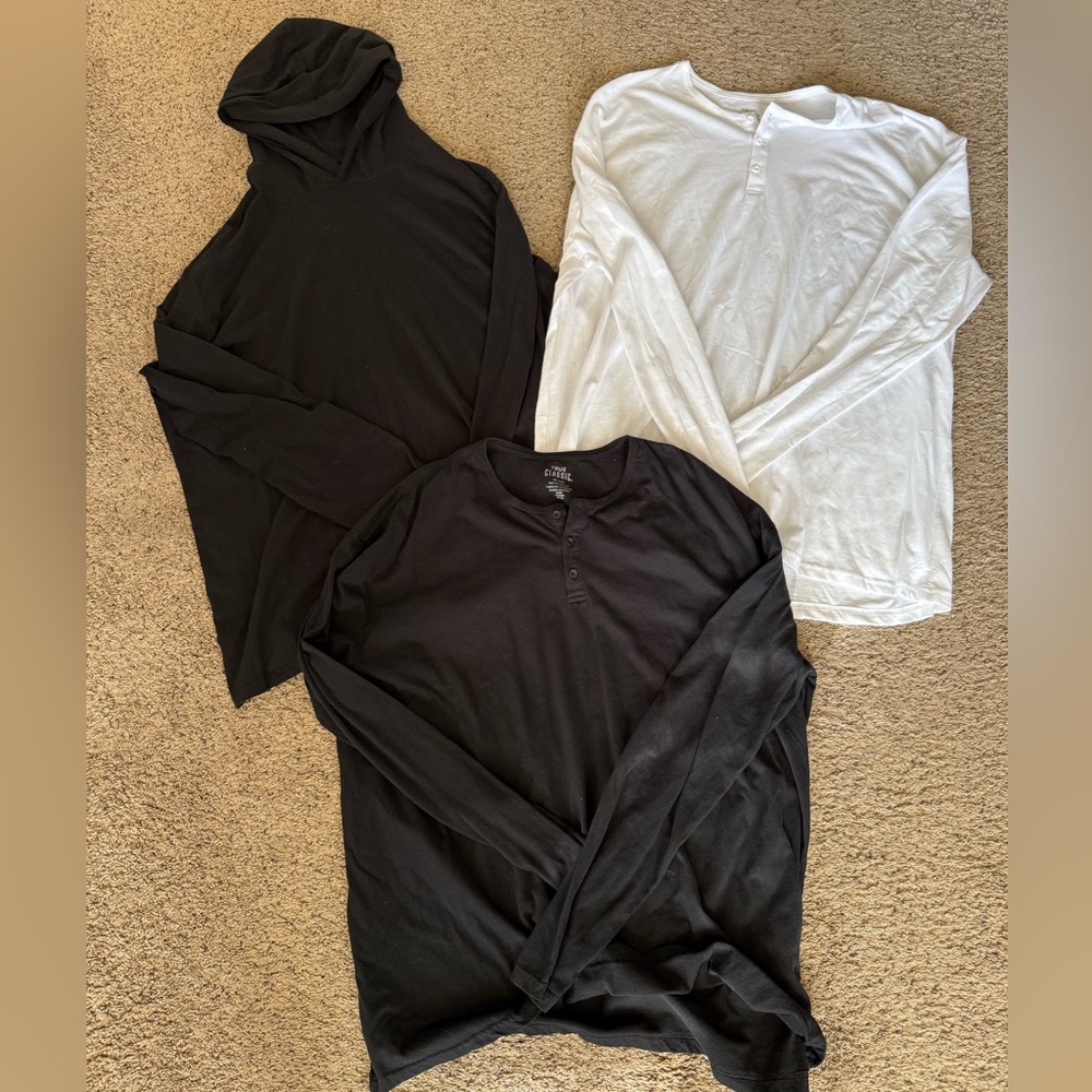 True Classic three long sleeve shirt lot, one with hood, two henley style, 3XL